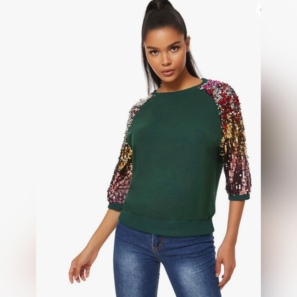 Romwe Woman's 3/4 Sequin Flare Sleeve Crew Neck Pullover Sweatshirt Green Medium